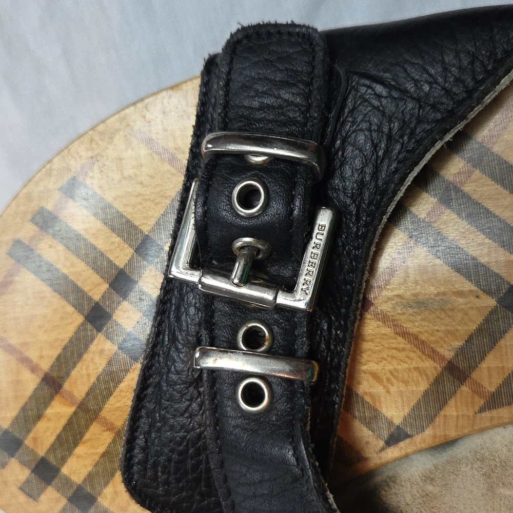 BURBERRY Limited Edition 2004 Wooden Sandals BLACK PLAID Leather Clog size 8 - Picture 4 of 13